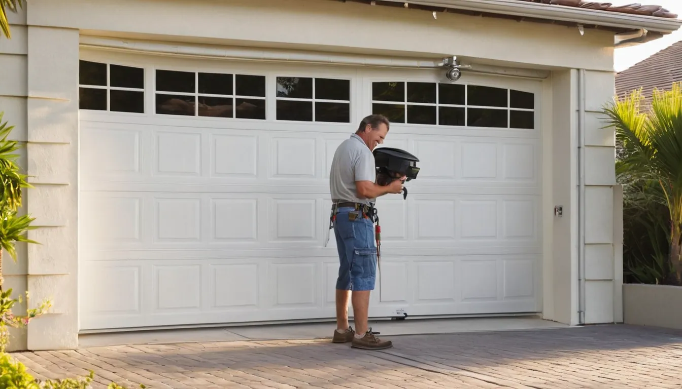 A friendly garage door provider checking a torsion spring above a garage door at a home in the Bay Lake area